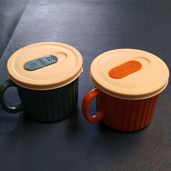 Blue and Orange Stoneware Mugs w/ Lids Cottagecore Countrycore Office - Picture 1 of 7